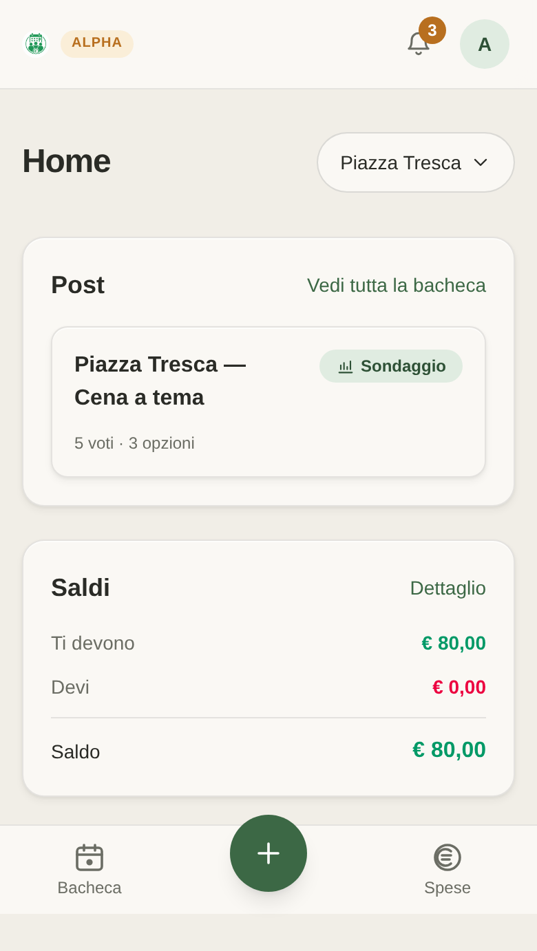 Home di PlanPockets: bacheca del gruppo con un post e il riepilogo dei saldi