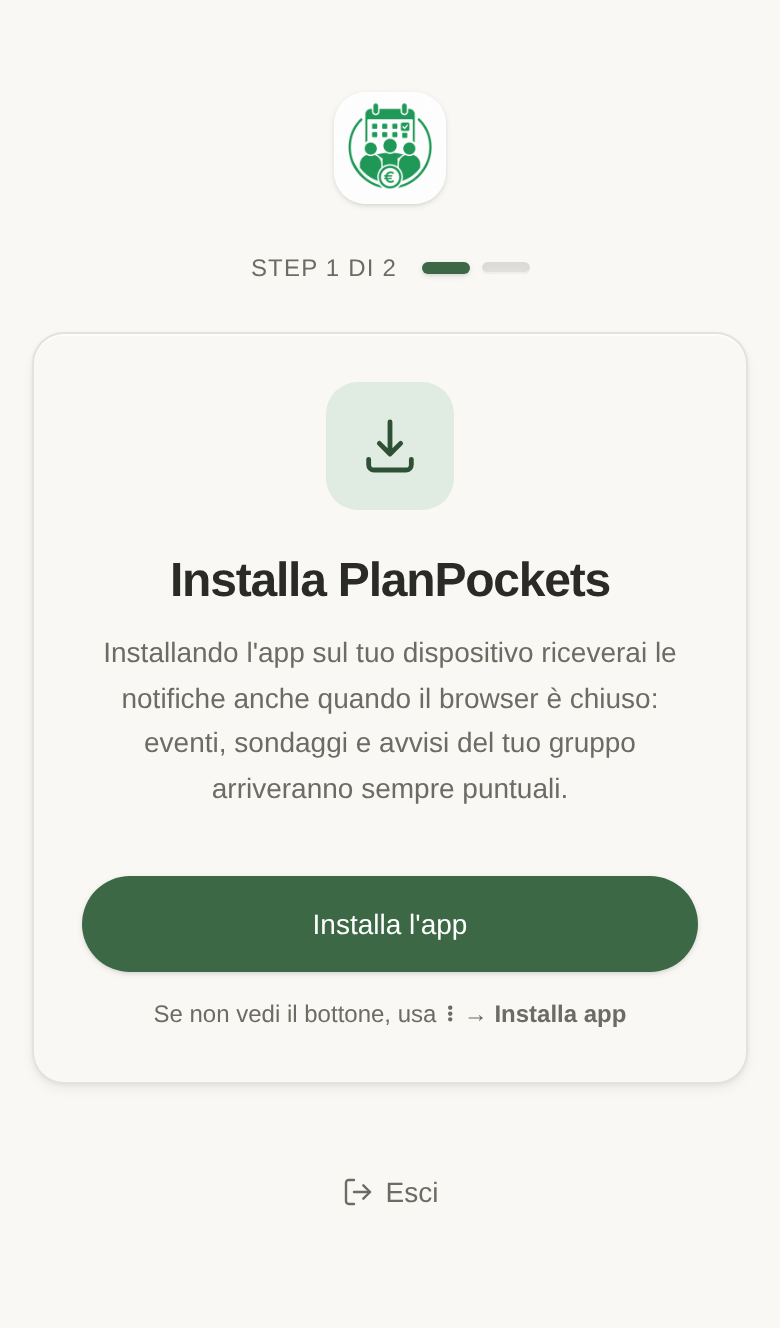 Schermata di benvenuto che invita a installare PlanPockets sul telefono