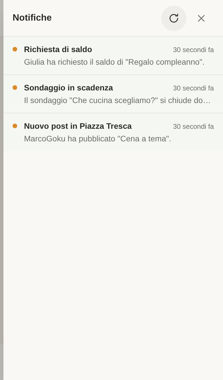 Pannello delle notifiche con un nuovo post, un sondaggio in scadenza e una richiesta di saldo